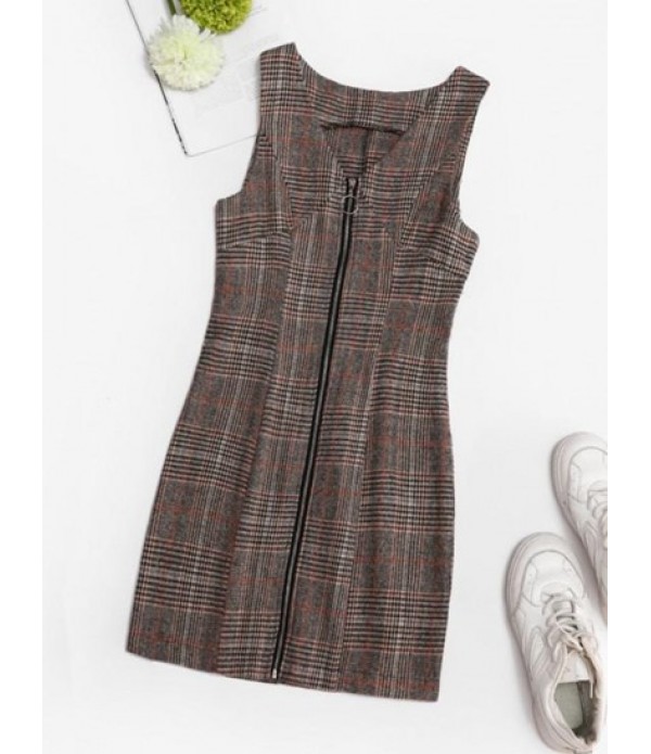 Plaid Zip Up Mini Pinafore Dress