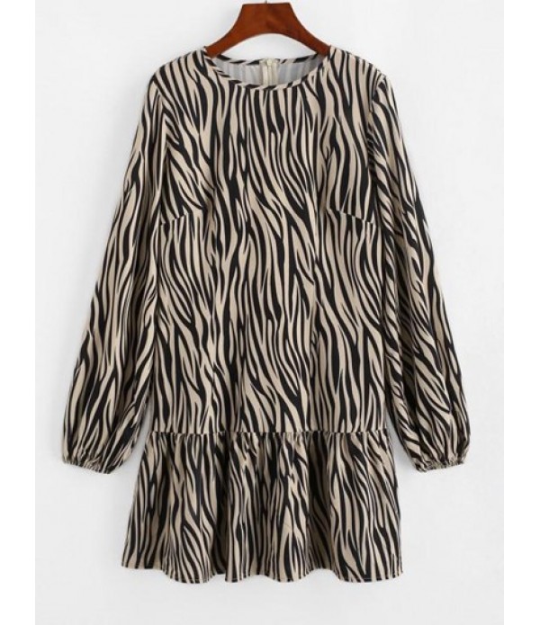 Zebra Print Ruffled Hem Long Sleeve Smock Dress