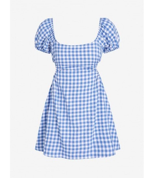 Gingham Puff Sleeve Open Back Mini Dress