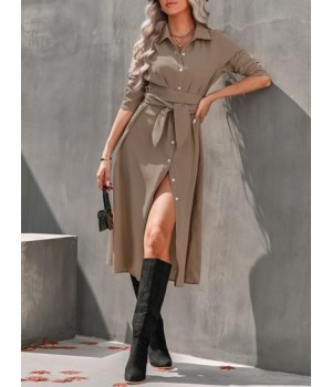 Tie Waist Long Sleeve Midi Shirt Dress