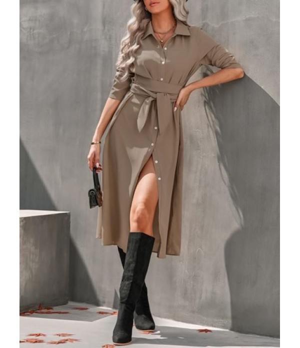 Tie Waist Long Sleeve Midi Shirt Dress