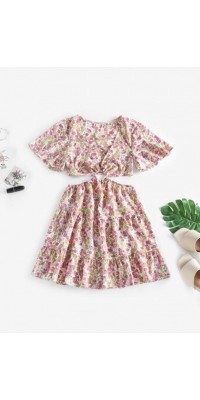 Floral Print Flare Sleeve O Ring Cutout Dress