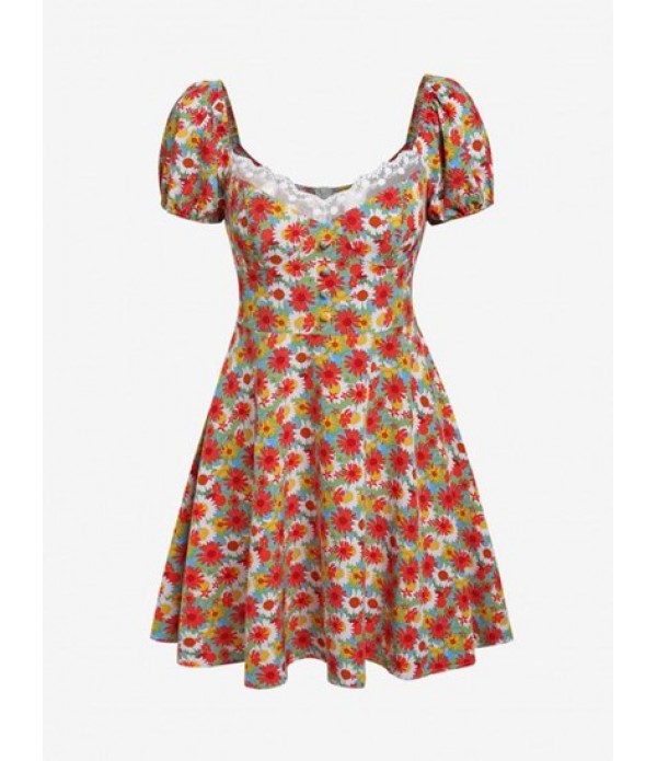 Puff Sleeve Floral Print A Line Dress