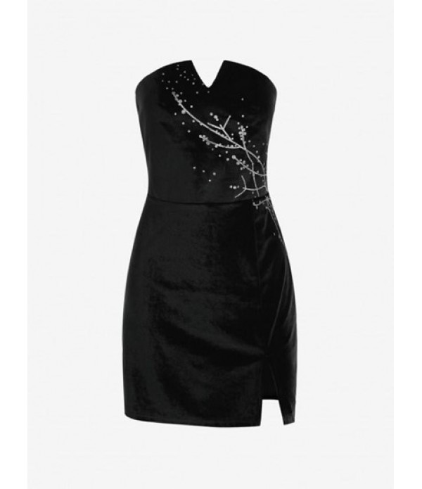 Tree Pattern V Notch Velvet Dress