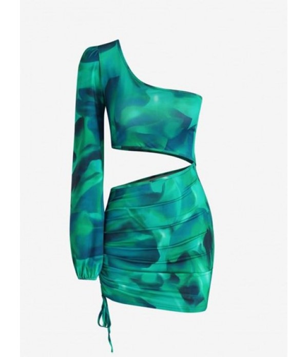 Abstract Print Cut Out Cinched One Shoul...