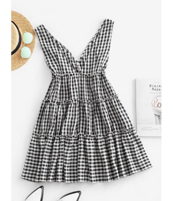 Double V Gingham Frilled Tiered Smock Dress