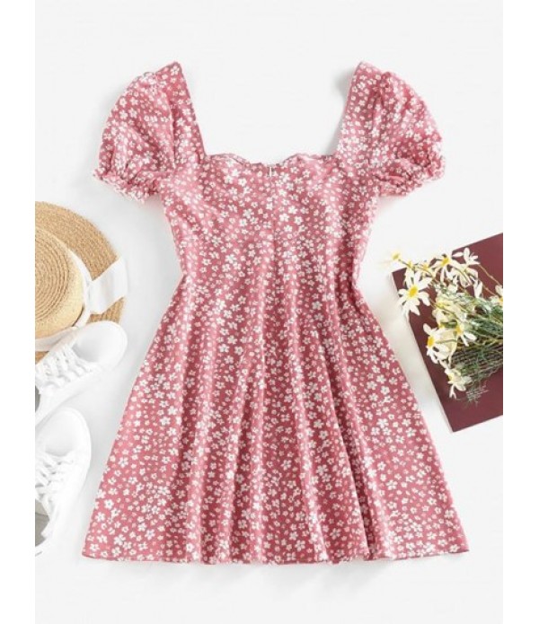 Ditsy Print Puff Sleeve Ruffle Ruched Mini Dress