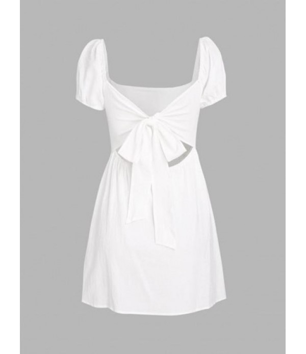 Puff Sleeve Bowknot Back Smocked Dress