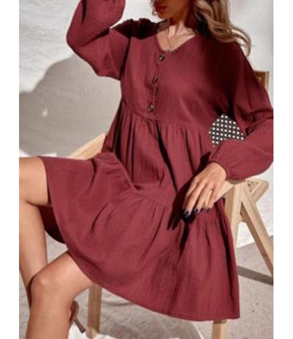 Button Front Long Sleeve Casual Mini Dress