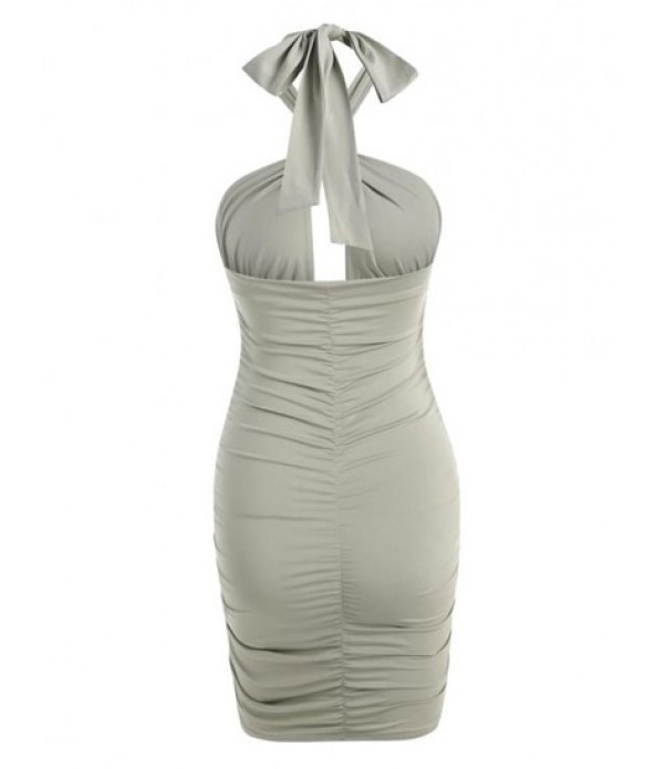 Halter Cutout Knot Ruched Slinky Bodycon Dress