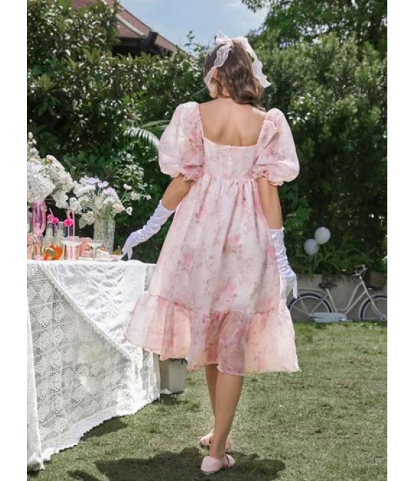 Floral Print Organza Puff Sleeves Pleated Detail Dress