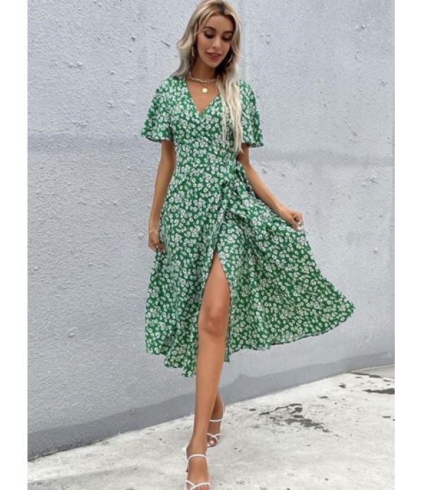 Flowing Tiny Floral Wrap Midi Dress