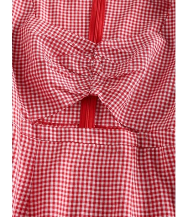 Gingham Ruched Puff Sleeve Hollow Out Dress