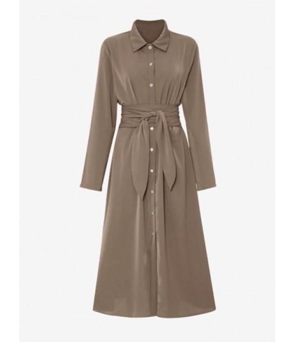 Tie Waist Long Sleeve Midi Shirt Dress