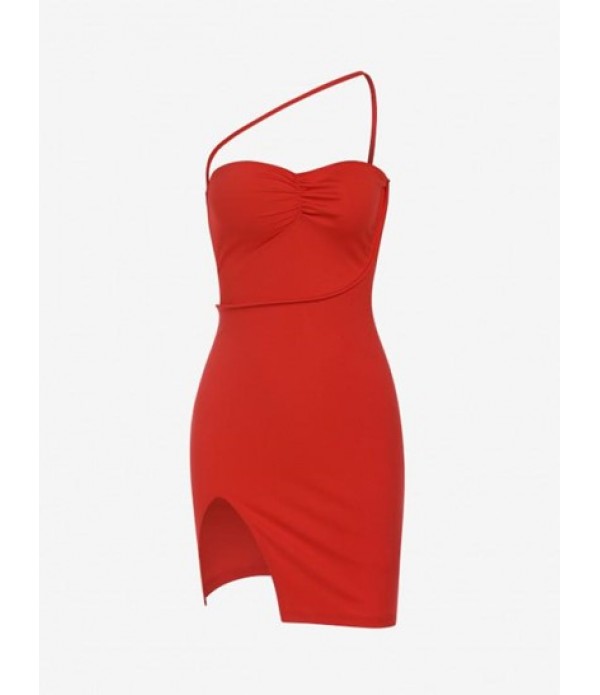 Ruched Slit Strappy Sexy Mini Slinky Dress