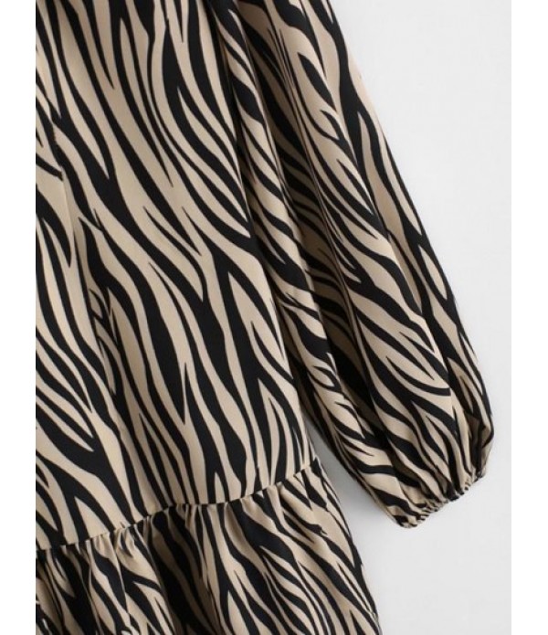 Zebra Print Ruffled Hem Long Sleeve Smock Dress