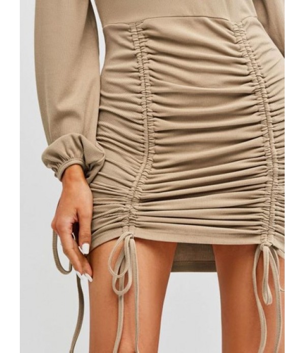 Ribbed Cinched Tie Ruched Bodycon Mini Dress