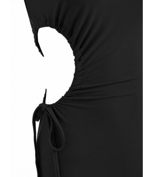 Ribbed Slit Cutout Skew Collar Bodycon Dress