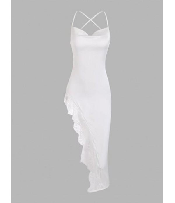 Lace Insert Cowl Front  Criss Cross Asymmetric Dress